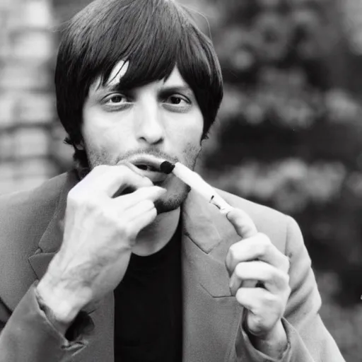 Prompt: Fabrizio De Andrè smoking a cigarette,black and white