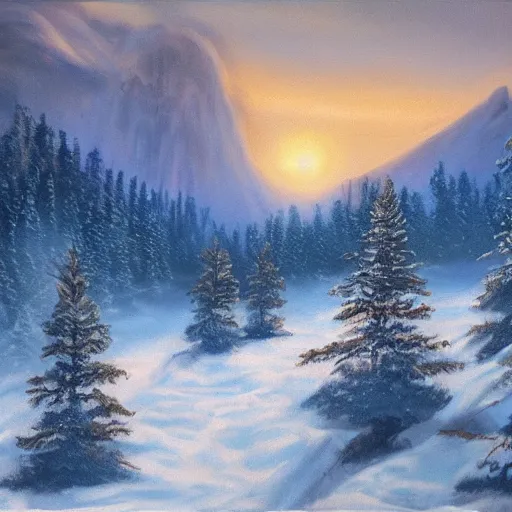 Image similar to Norse mythology mountains with pine forests at dusk, oil painting, realistic, 4K, beautiful, nature