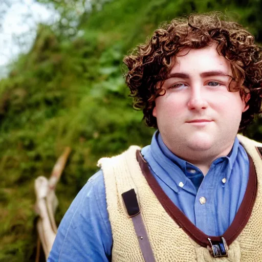 Image similar to close up headshot of a frowning clean shaven pudgy British lad with short curly dark brown hair as a hobbit wearing a white men's crossbody sling chest bag and blue vest, blue vest!! white crossbody chestbag!! high resolution film still, by Pamela Hanson