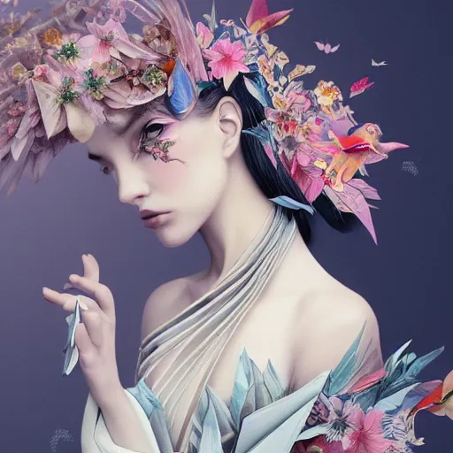 Image similar to 3 / 4 view of a beautiful girl wearing an origami dress, eye - level medium shot, fine floral ornaments in cloth and hair, hummingbirds, elegant, by eiko ishioka, givenchy, by peter mohrbacher, centered, fresh colors, origami, fashion, detailed illustration, vogue, japanese, reallusion character creator