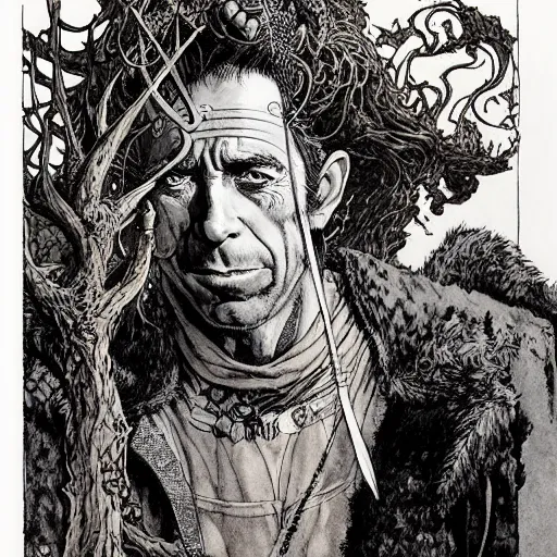 Image similar to a realistic and atmospheric portrait of humphrey bogart as a druidic warrior wizard looking at the camera with an intelligent gaze by rebecca guay, michael kaluta, charles vess and jean moebius giraud