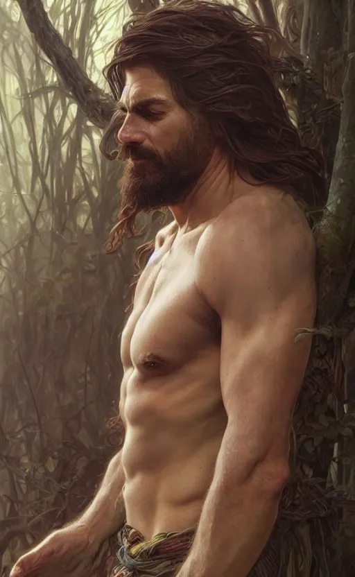 Image similar to God of the forest, male, rugged, shoulder-length hair, gorgeous, detailed face, clear face, amazing, muscular, intricate, highly detailed, digital painting, artstation, concept art, sharp focus, illustration, art by greg rutkowski and alphonse mucha