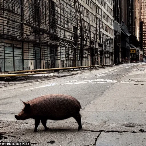 Image similar to a wild pig on a abandoned city of new york the pictures looking around