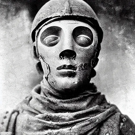 Image similar to “Byzantine soldier in ww1 trench warfare covered in religious iconography and wearing prosthetic face mask”