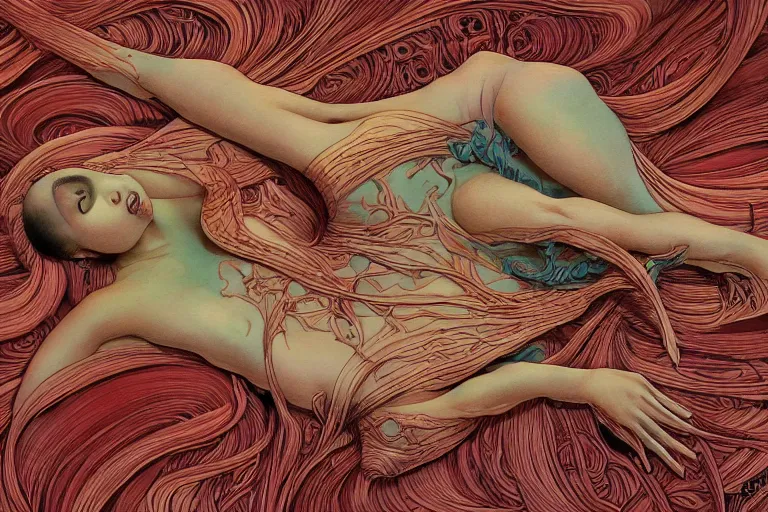 Prompt: top view, full body, lying beautiful mulatto girl inside the venus flytrap, silk fabric, gorgeous, intricate, in the style of Jin Kagetsu, James Jean and wlop, Zdzisław Beksiński style, hyperdetailed, sharp focus, intricate concept art, digital painting, ambient lighting, 4k, artstation trending on Gsociety, trending on ArtstationHQ, trending on deviantart, professionally post-processed, wide-angle action dynamic portraithyperdetailed, hyper quality, 16K