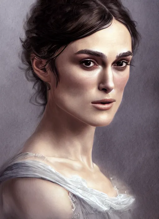 Image similar to a photograpic portrait of Keira Knightley, pride and prejudice, realistic, with kind face, dark hair, georgian dress, intricate, elegant, highly detailed, digital painting, smooth, sharp focus