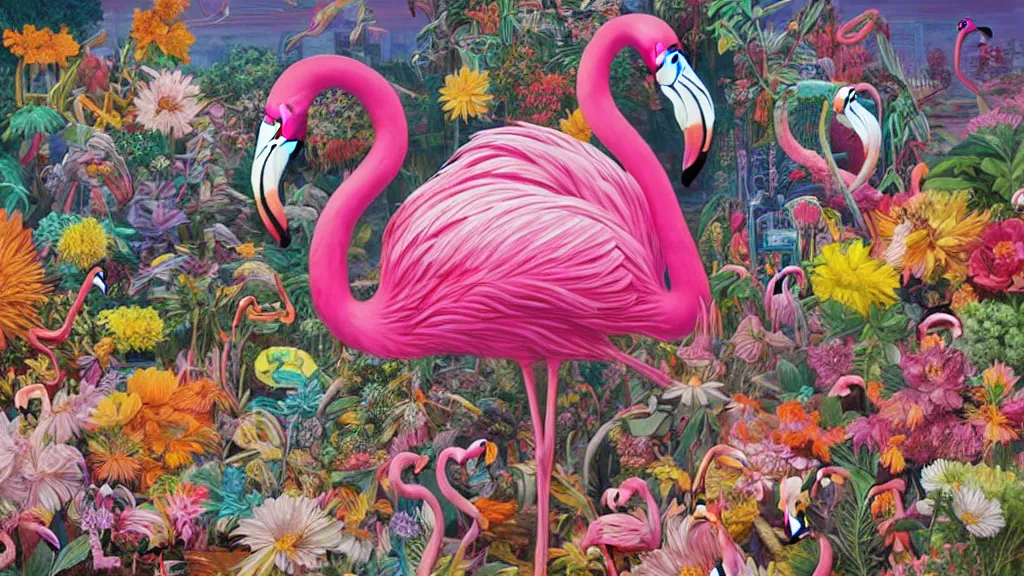 Image similar to highly detailed oil painting of neon flamingo surrounded by all the known species of flowers by olaf hayek, by moebius, by oliver vernon, by joseph moncada, by damon soule, by manabu ikeda, by kyle hotz, by dan mumford, by kilian eng