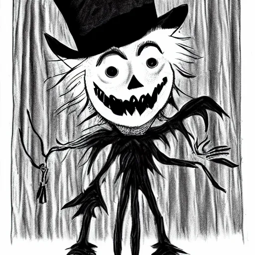 Image similar to a Pop Wonder scary horror themed goofy-hilarious-character Jack-Frost-Babadook-scarecrow-madhatter-williewonka-wearing a scarf, 3-piece-suit, dime-store-comic drawn with charcoal and pen and ink, half-tone-line-stacking