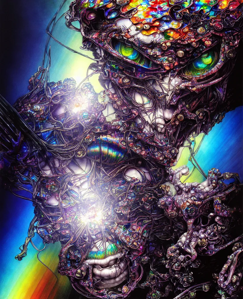 Prompt: realistic detailed image of ultra wrathful rainbow diamond iridescent mega sybiote, depth perception, depth of field, action horror by ayami kojima, neo - gothic, gothic, part by adrian ghenie and gerhard richter. art by yoshitaka amano. masterpiece