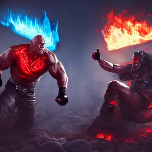 Image similar to dwayne johnson fighting demon joe biden in hell, digital artwork, trending on artstation, fire, dynamic lighting, fantasy art