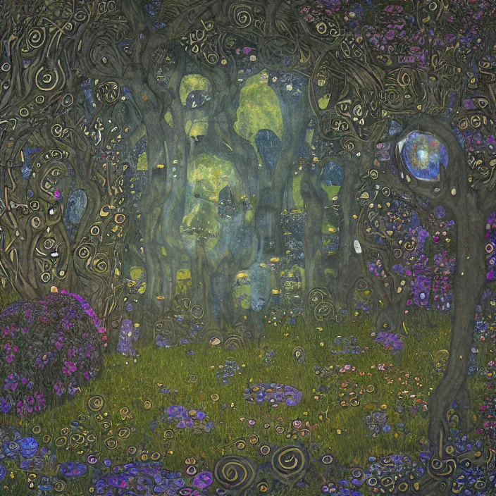 Image similar to ancient overgrown! ruins, medieval gates, indigo runestones, mysetrious etherial mesmerizing runic!! cat eyes, magical elven geometry, concept art by gustav klimt!!, deviantart contest winner, environmental art, pretty indigo flowers, fairy circles, lit by moonlight!!, high detail, intricate masterpiece