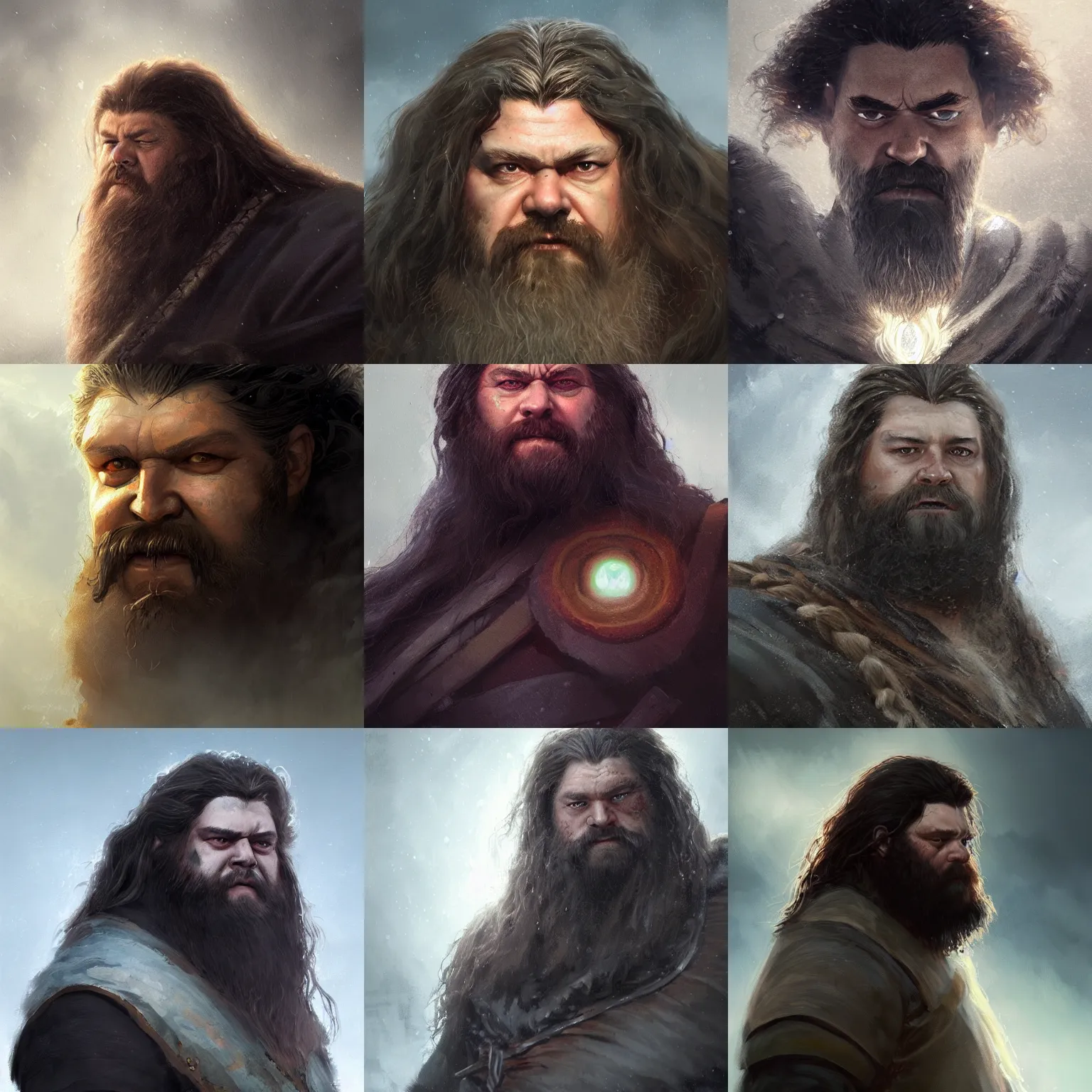 Prompt: a beautiful portrait of a Norse Warrior based on Hagrid with glowing eyes by Greg Rutkowski and Raymond Swanland, Trending on Artstation, cloudy background, ultra realistic digital art