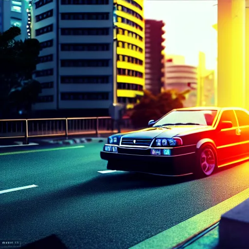 Image similar to a car parked JZX100 at side of road, Shibuya prefecture, city sunset, cinematic color, photorealistic, highly detailed, bokeh, DOF, octane render