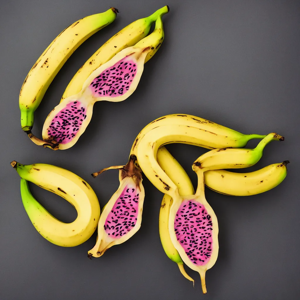 Prompt: banana in the shape of dragon fruit, hyper real, food photography, high quality