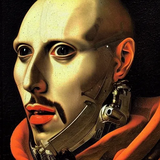 Image similar to portrait of a cyberpunk character from the 1 6 th century, ( ( ( art by caravaggio ) ) ), cybernetic implant, award winning, masterpiece, intricate, dramatic light, detailed face, highly detailed, asymmetrical, dark