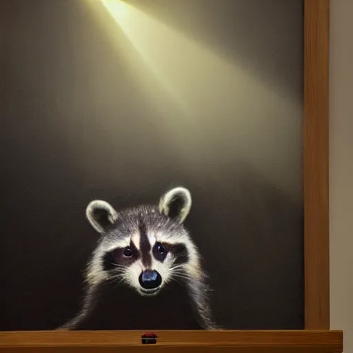 Prompt: A single beam of light enter the room from the ceiling. The beam of light is illuminating an easel. On the easel there is a Rembrandt painting of a raccoon.