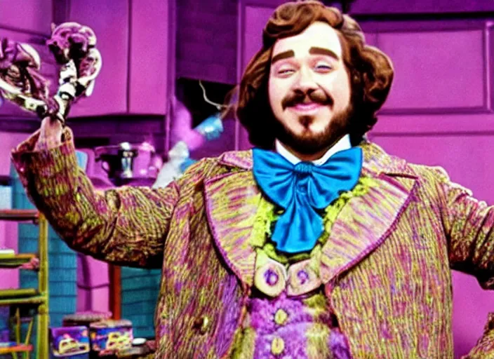 Prompt: film still of Post Malone as Willy Wonka in Willy Wonka and the Chocolate Factory 1971