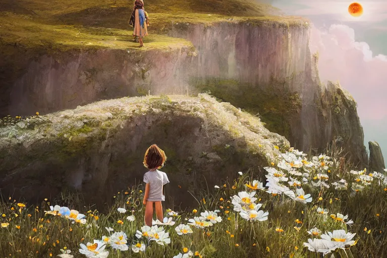 Image similar to giant white daisy flower crown head, girl standing on cliff, surreal photography, solar eclipse, milky way, dramatic light, impressionist painting, clouds, digital painting, artstation, james gilleard, liam wong, jeremy mann, simon stalenhag