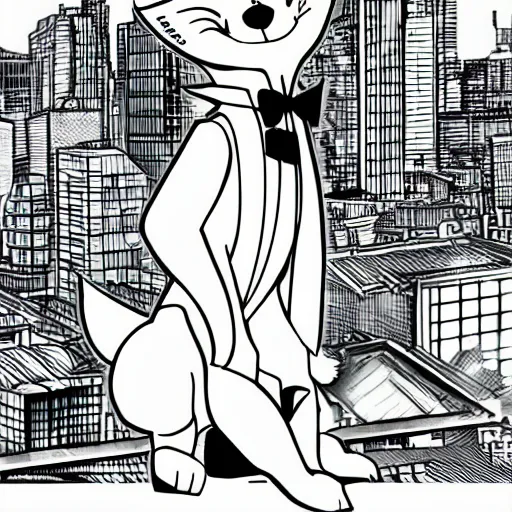 Image similar to anime ink line art of an anthropomorphic fox wearing a tuxedo as he stands on a city rooftop with a city in the background, black and white key manga visual