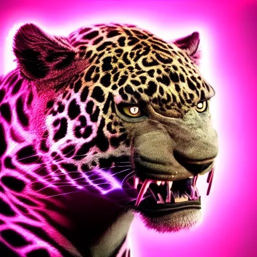 Image similar to portrait of a neon cyberpunk jaguar animal snarling, octane render