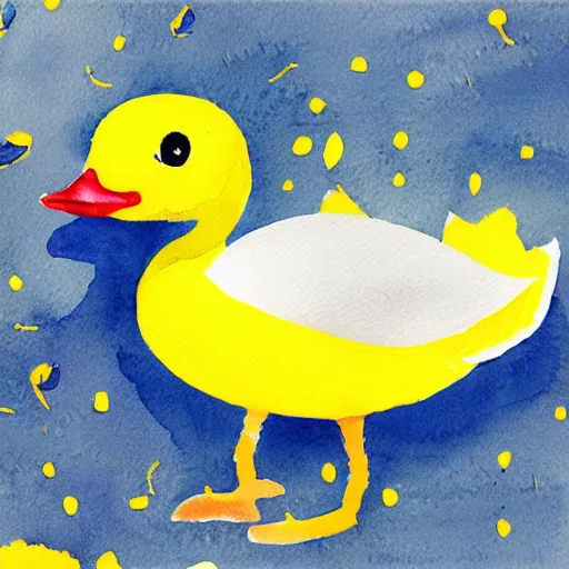 Prompt: watercolor yellow duck with party horn, cute illustration by basia tran