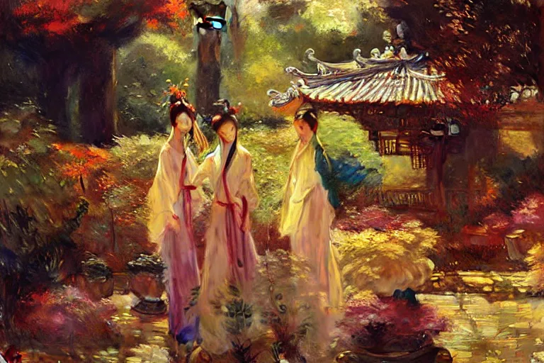 Image similar to wuxia, autumn, garden, neon light, painting by gaston bussiere, craig mullins, j. c. leyendecker