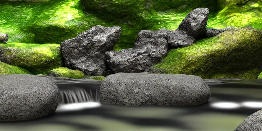 Image similar to A small dragon sitting on a glistening creek rock, flowing clear water creek bed, photorealistic 3D artwork.