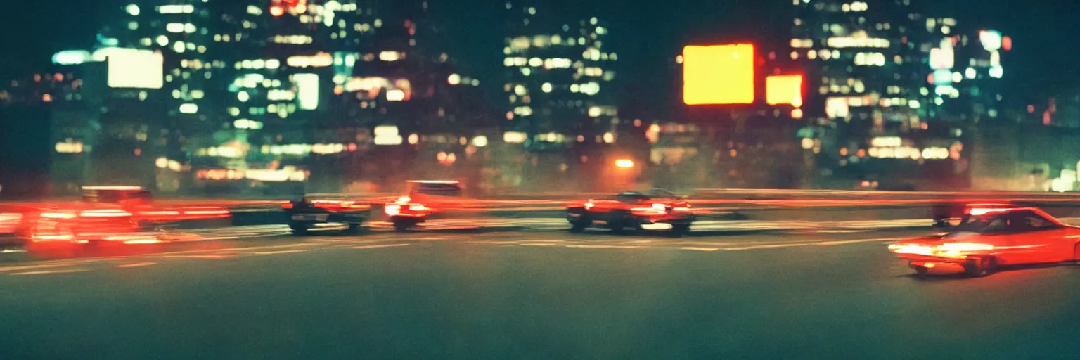 Image similar to 8 0 s neon movie still, high speed car chase on the highway with city in background, slow shutter speed, medium format color photography, movie directed by kar wai wong, hyperrealistic, photorealistic, high definition, highly detailed, tehnicolor, anamorphic lens