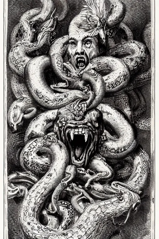 Image similar to very detailed ink drawing of a screaming head of Hercules with snakes coming out from the eyes, surrounded by serpents and falling feathers by gustave dore, poster, fine art, etching, biblical