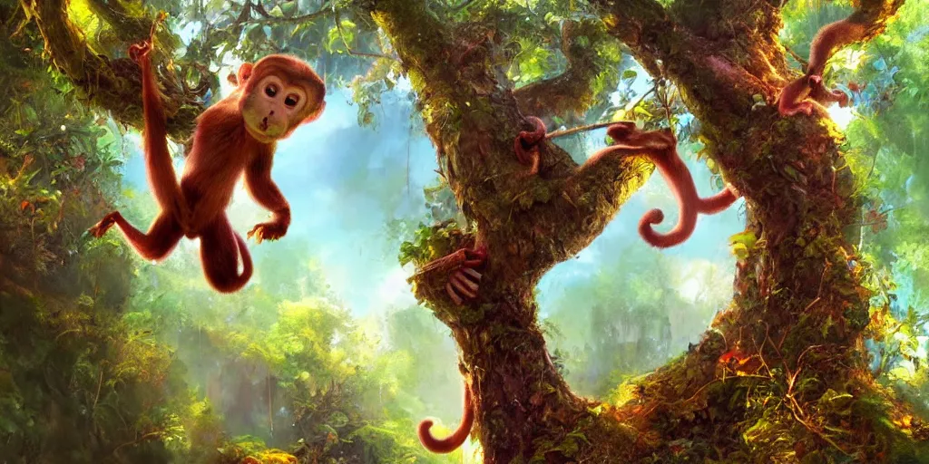 Curious Monkey Swinging Through Vibrant Jungle, AI Art Generator