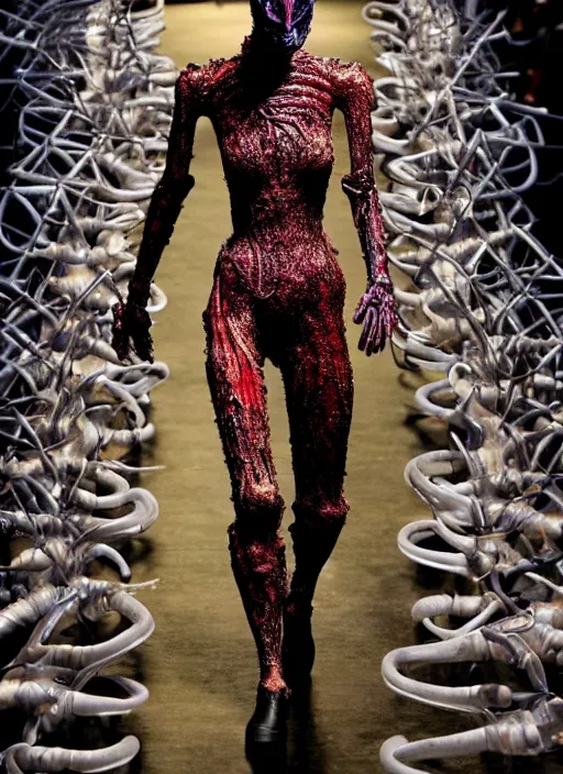 Image similar to walking down the catwalk, ben watts, show, stage, vogue photo, podium, fashion show photo, iris van herpen, beautiful woman, full body shot, helmet on face, masterpiece, plant predator, giger, guyver, jellyfish, biomechanical details, movie still, fauvism, cinestill, bokeh, gelios lens