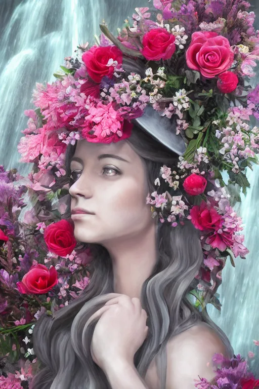 Prompt: oil painting, gray, pink, contrast, waterfall cave, redheaded girl wearing a hat of flowers and dress of fresh flowers, decorated with flowers, roses, lilies, chrysanthemums, irises, water drops, water jets, overhead light, high quality octane render 4 k, 8 k