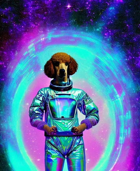 Image similar to a portrait of a beautiful poodle inside an holographic spacesuit, galactic landscape, cinematic, risographic, digital art, 4 k, vintage sci - fi, inspired by moebius, inspired by thim white, inspired by h. r. giger