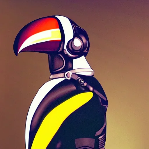 Prompt: toco toucan wearing futuristic cybernetic battle armour, dramatic lighting, portrait, realistic reflections