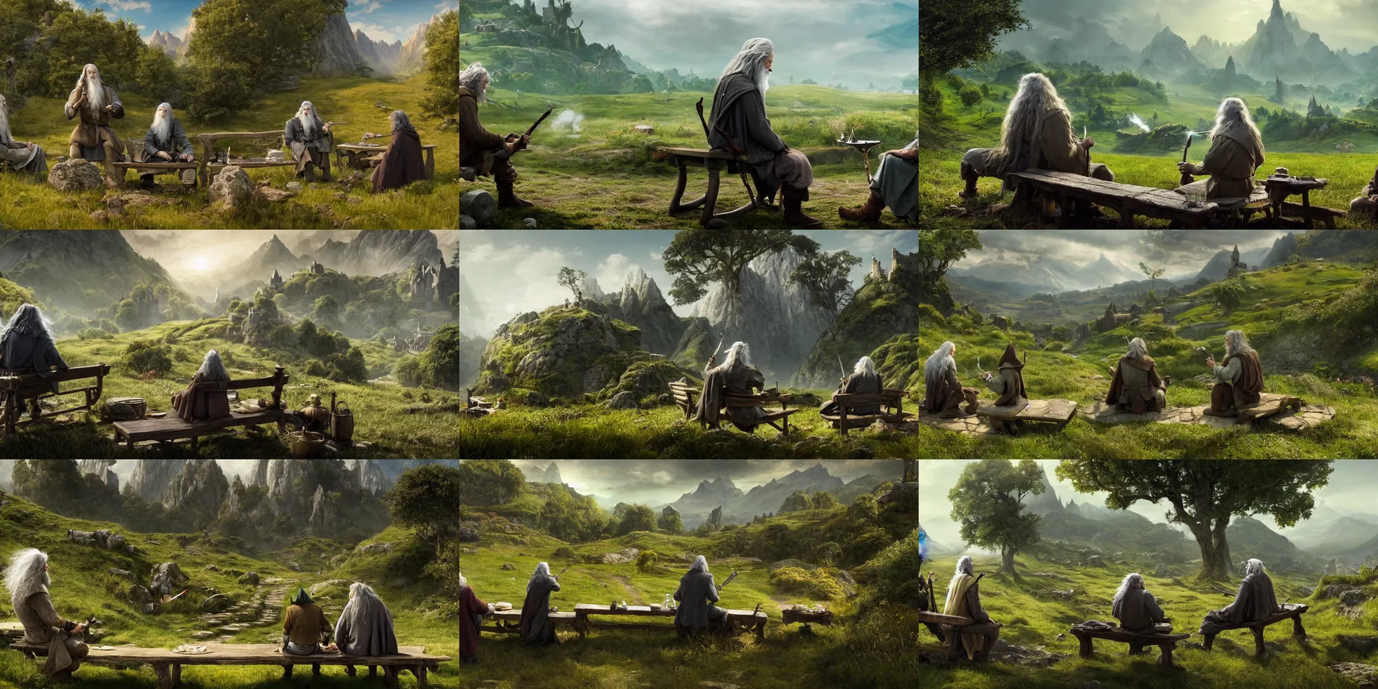 Prompt: a fantasy scene, with two characters, tall Gandalf gray in the foreground and beside sits low Hobbit on a bench and smokes a pipe. On a sunny day , green hills in the background. Perfect composition, golden ratio, focus, depth of field , focal Points, detailed and realistic, 4k, top-artstation, inspired lord of the rings, octane render