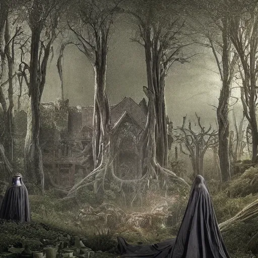 Image similar to a beautiful spooky and highly detailed matte painting of a gothic floral garden in a evil forest in the dry valley high in the most terrible mountains ever, intricate details, epic scale, insanely complex, 8 k, sharp focus, hyperrealism, very realistic, by caspar friedrich, greg rutowski, james gurney