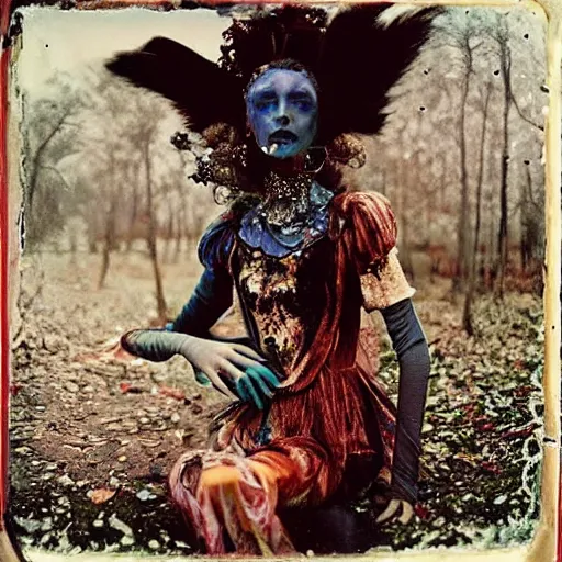 Image similar to damaged kodak portra 4 0 0, wetplate, photo of a surreal artsy dream scene,, very beautiful model, weird fashion, grotesque, extravagant dress, strange pose, carneval, with an animal, wtf, photographed by paolo roversi style