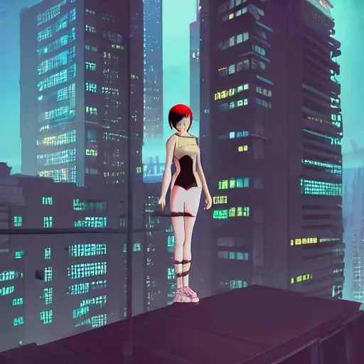 Image similar to a girl stands on top of a multi-storey building, anime style, 4k, cyberpunk city in the background, HD, artstation, very detailed, by Ilya Kuvshinov