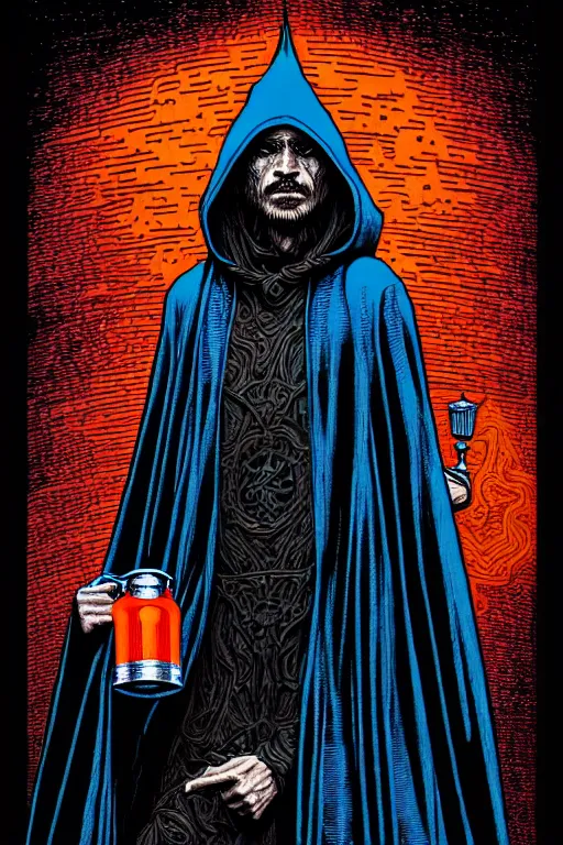 Image similar to wizard in a hooded cloak holding a flask, high details, intricately detailed, by vincent di fate, inking, 3 color screen print, masterpiece, trending on artstation,, sharp, details, hyper - detailed, hd, 4 k, 8 k