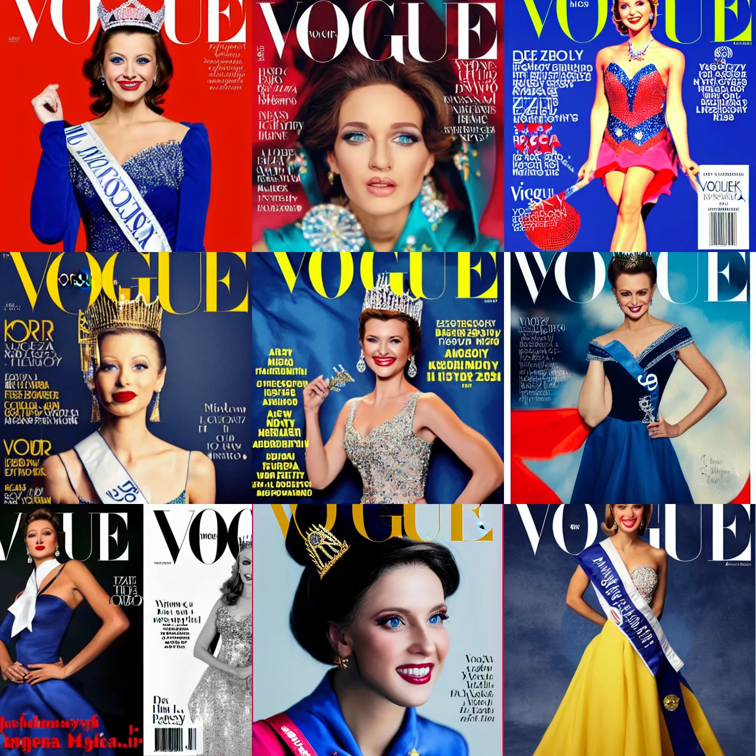 Prompt: Volodymyr Zelensky as Miss America on the cover of the Vogue magazine