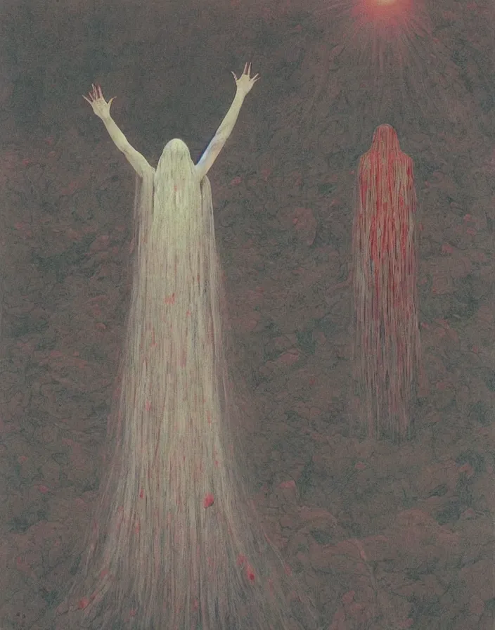 Image similar to a crystal orb radiating white light, worshippers in robes belonging to the cult of the crystal reach out to touch it, interior of a small room, beksinski painting, part by adrian ghenie and gerhard richter. art by takato yamamoto. masterpiece, deep colours