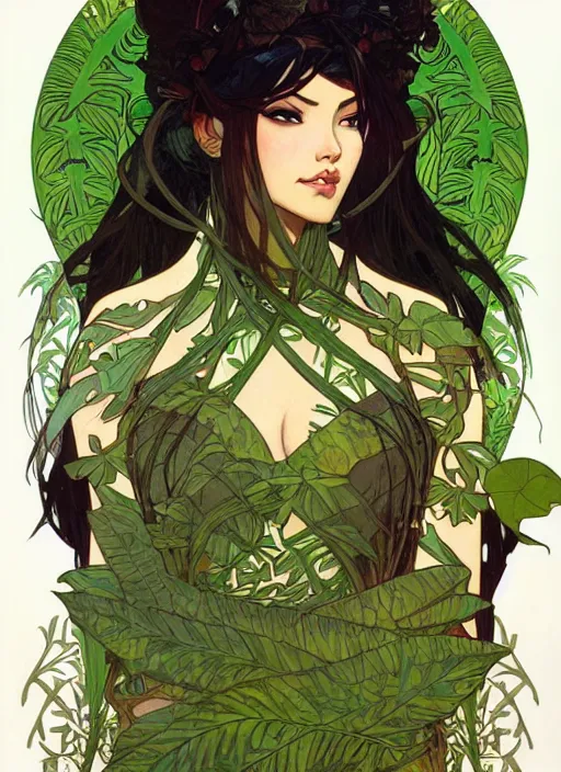 Prompt: jungle queen, armor made of leaves and vines, green, black hair, brown skin, high fantasy, dnd, smooth, sharp focus, illustration, by rossdraws, alphonse mucha, frank fanzzeta