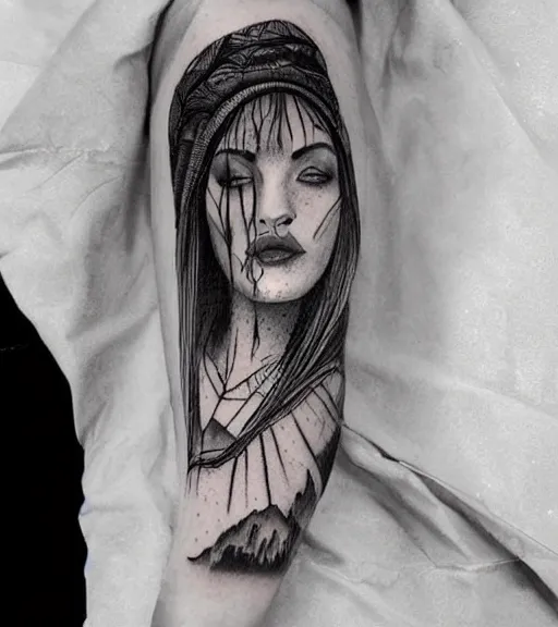 Image similar to amazing blend effect of beautiful mountain scenery with a beautiful woman face, tattoo design sketch, hyper - realistic, in the style of matteo pasqualin, amazing detail, black and white