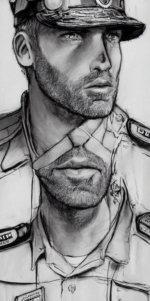 Image similar to portrait of a blonde police officer with short hair and a patchy beard, close up, grimy streets backgrop, detailed, art by loran desore