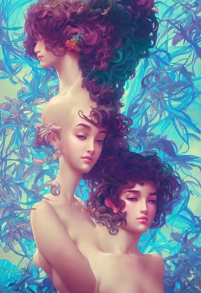 Image similar to beautiful, young woman, detailed gorgeous face, vaporwave aesthetic, synthwave, colorful, psychedelic, artstation, concept art, smooth, extremely sharp detail, finely tuned detail, ultra high definition, 8 k, unreal engine 5, ultra sharp focus, illustration, art by artgerm, greg rutkowski and alphonse mucha