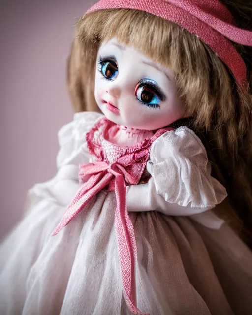 Image similar to high quality presentation photo of a cute pocelain doll, Nicoletta Ceccoli style, photography 4k, f1.8 anamorphic, bokeh, 4k, Canon, Nikon