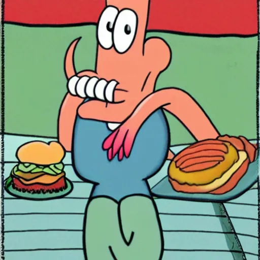 Squidward with huge thighs and eating a Krabby patty Stable Diffusion