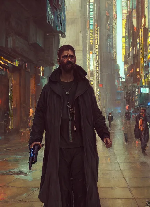 Image similar to cyberpunk beggar priest on streetcorner ( blade runner 2 0 4 9, cyberpunk 2 0 7 7 character design ). orientalist portrait by john william waterhouse and james gurney and theodore ralli and nasreddine dinet, oil on canvas. cinematic, hyper realism, realistic proportions, dramatic lighting, high detail 4 k