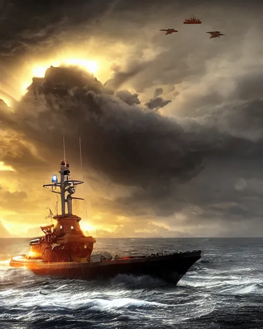 Image similar to a fishing boat on stormy seas, a gigantic star destroyer spaceship with orange lights flying overhead, the gigantic star destroyer spaceship is emerging from storm clouds, sunset lighting, stormy weather, dramatic lighting, unreal engine, hyper realism, realistic shading, cinematic composition, realistic render, octane render, detailed textures, photorealistic, ultrawide shot, 1 6 mm lens