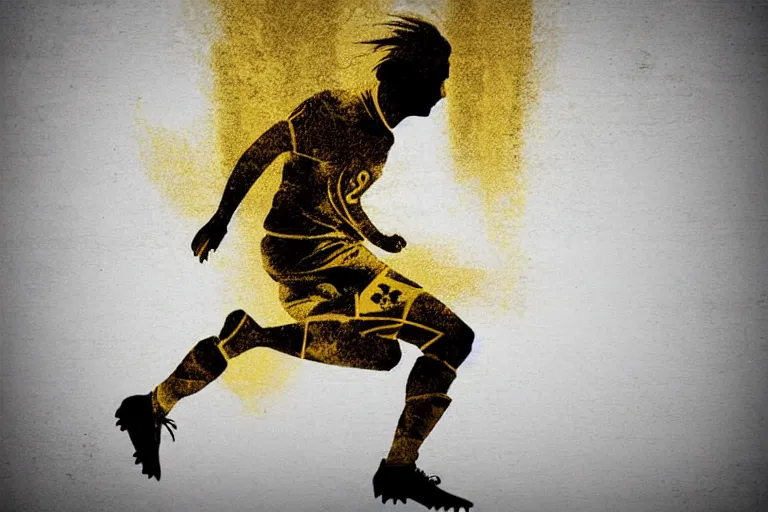 Image similar to beautiful serene soccer player, healing through motion, minimalistic golden ink airbrush painting on white background